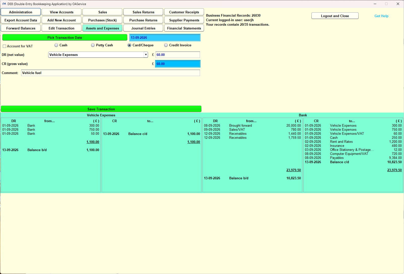 DEB application window showing integrated Bank, Sales, and Purchase ledgers with transaction details and running balances